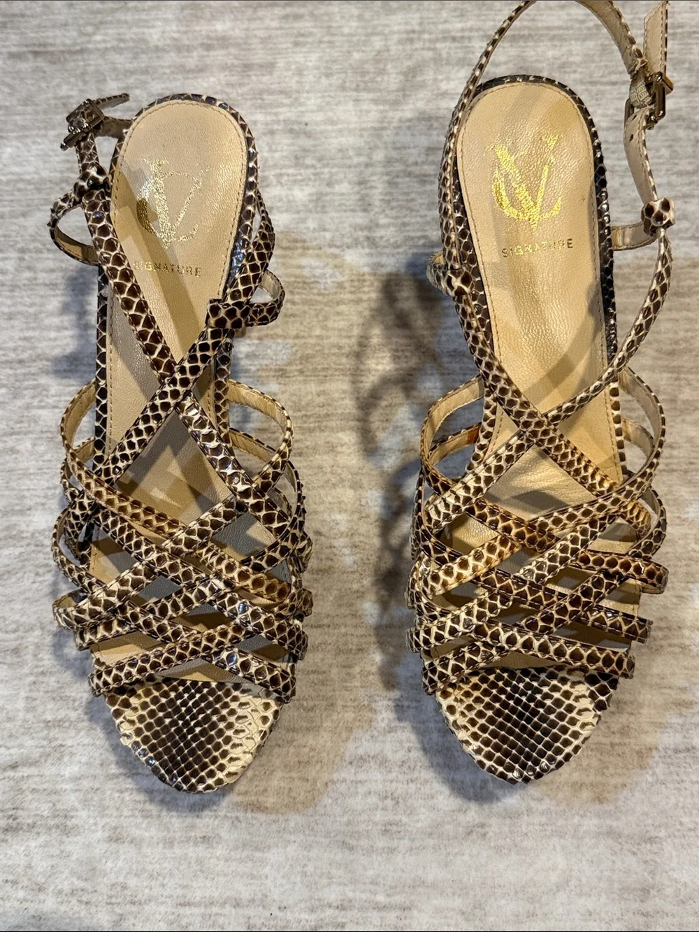 Women’s 7.5 Snake-Print Strappy Heels in Brown and Tan with platform